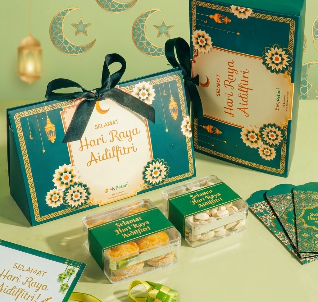 Hari Raya Aidilfitri gift packaging with ribbons and cards on a green background