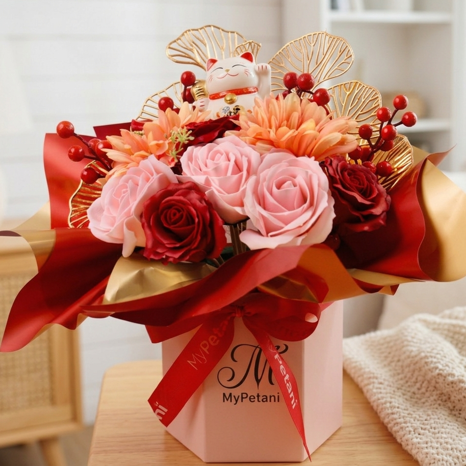 Bloom box grand opening fortune cat. Soap flowers. Bouquet of flowers with red and pink roses, gold leaves, and berries in a MyPetani box on a wooden surface.