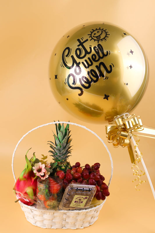 Get Well Soon Set (Fruit Basket Luxury Z+  &  Chrome Deluxe Balloon)