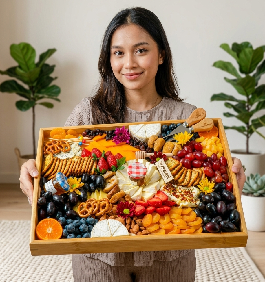Woman holding a large wooden tray filled with a colorful assortment of snacks and fruits.