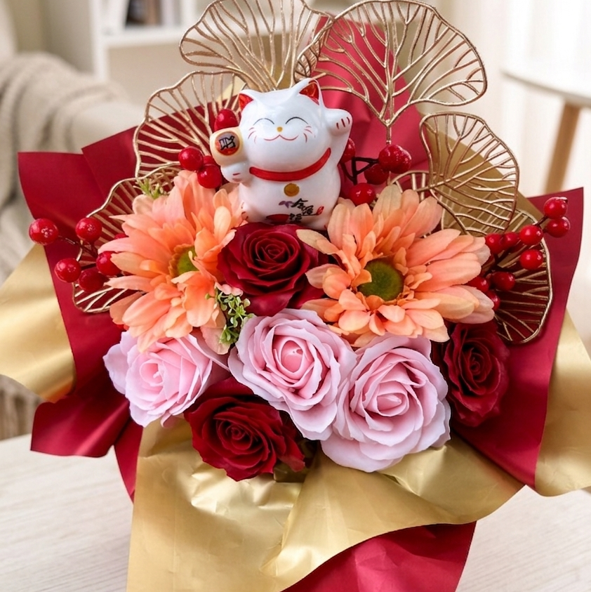 BB002 Artificial Soap Flowers Fortune Cat Bloom Box