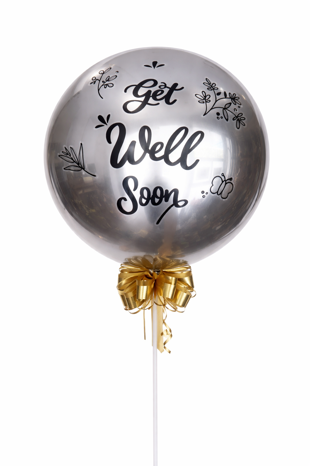 Silver balloon with 'Get Well Soon' text and a gold bow on a white background