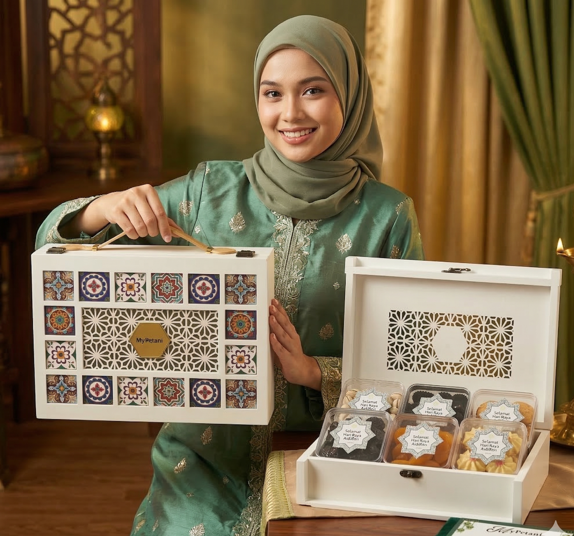 Woman holding two decorative boxes with intricate designs and food items inside.
