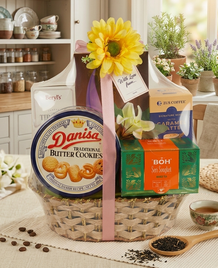 Gift basket with Danisa cookies, coffee, and tea on a kitchen counter.