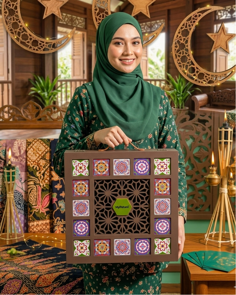 Woman holding a decorative box in a decorated room with crescent moons and stars.