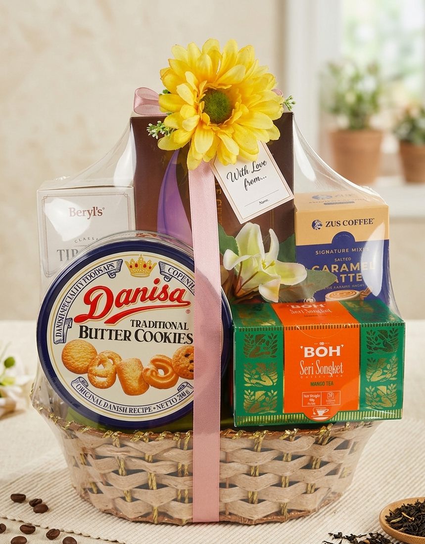 Gift basket with premium chocolates, butter cookies, coffee, and tea on a table.