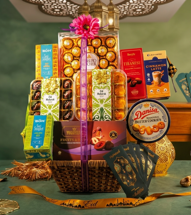 Gourmet gift basket with snacks and cookies on a decorative table setting.
