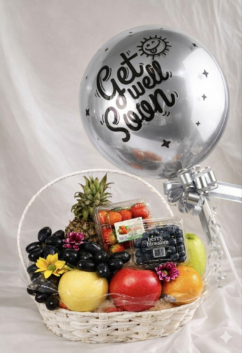 Get Well Soon Set (Genting's Garden Fruit Basket  &  Chrome Deluxe Balloon)