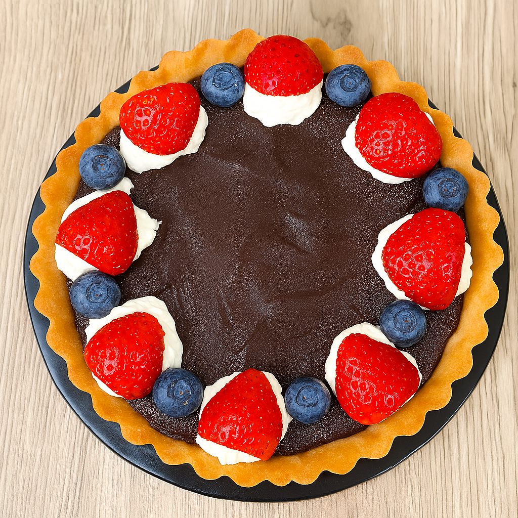 Chocolate tart with strawberries and blueberries on a wooden surface