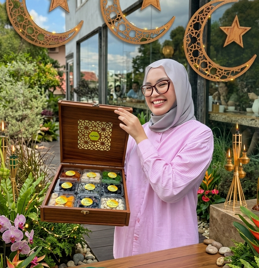 Woman holding a wooden box with decorative items in an outdoor setting with plants and decorations.