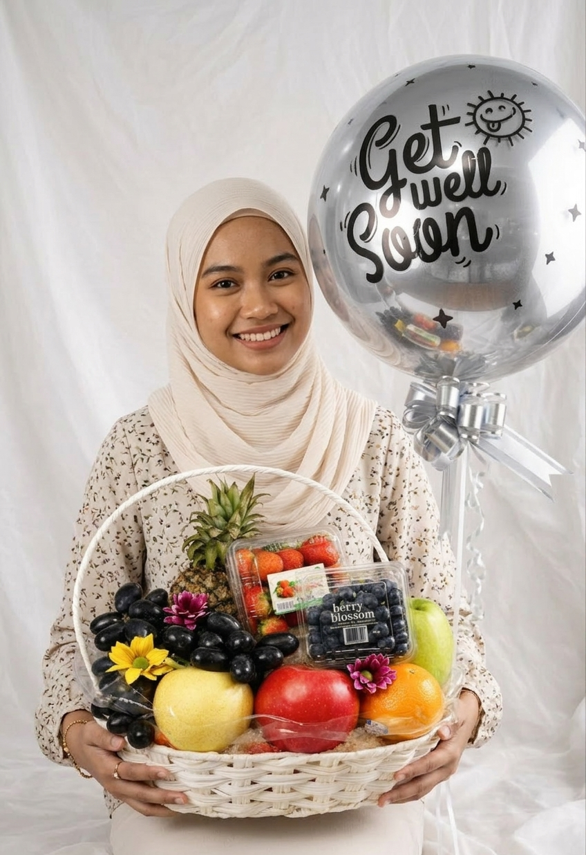 Get Well Soon Set (Genting's Garden Fruit Basket  &  Chrome Deluxe Balloon)