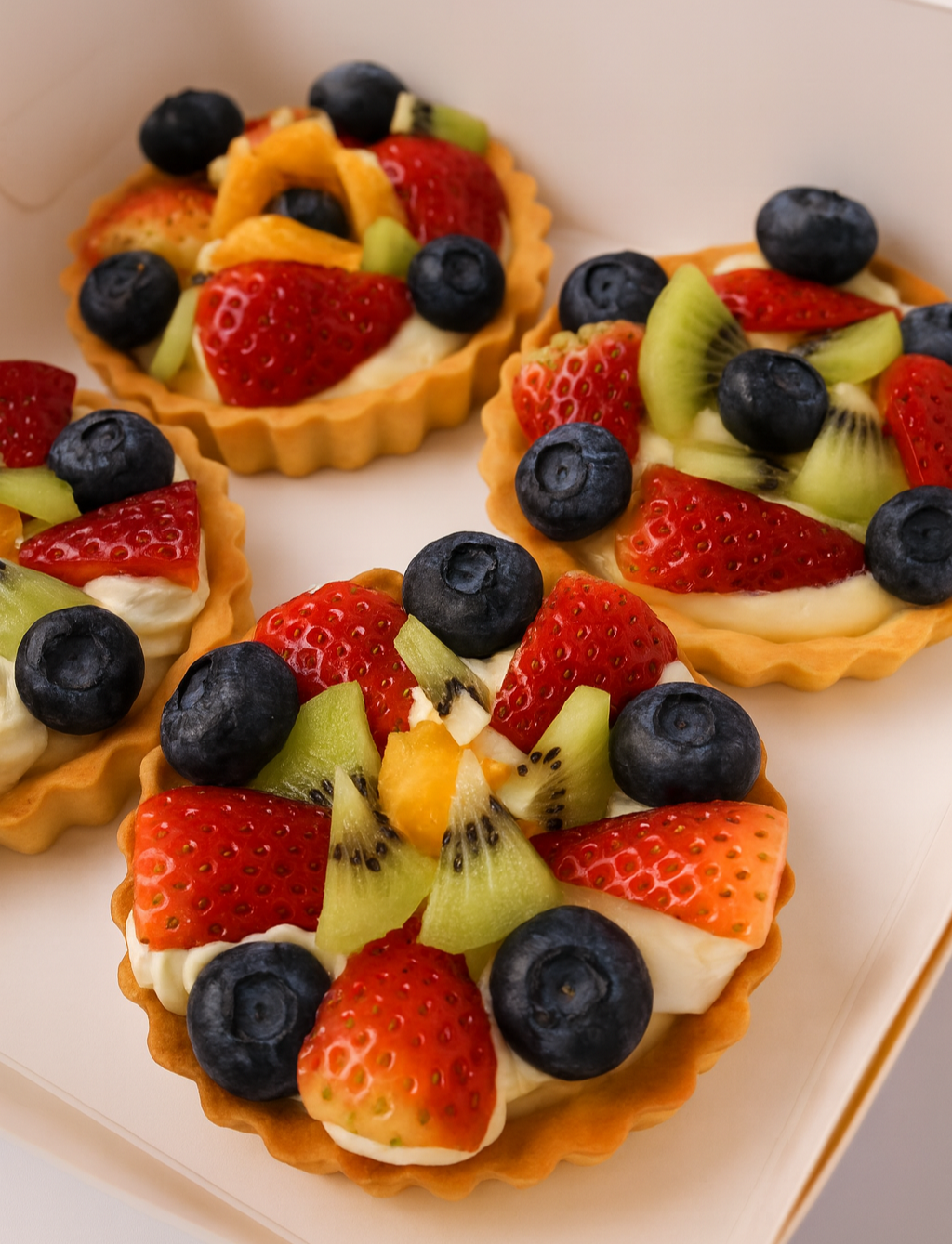 Fruit tarts with strawberries, blueberries, and kiwis on a white plate.