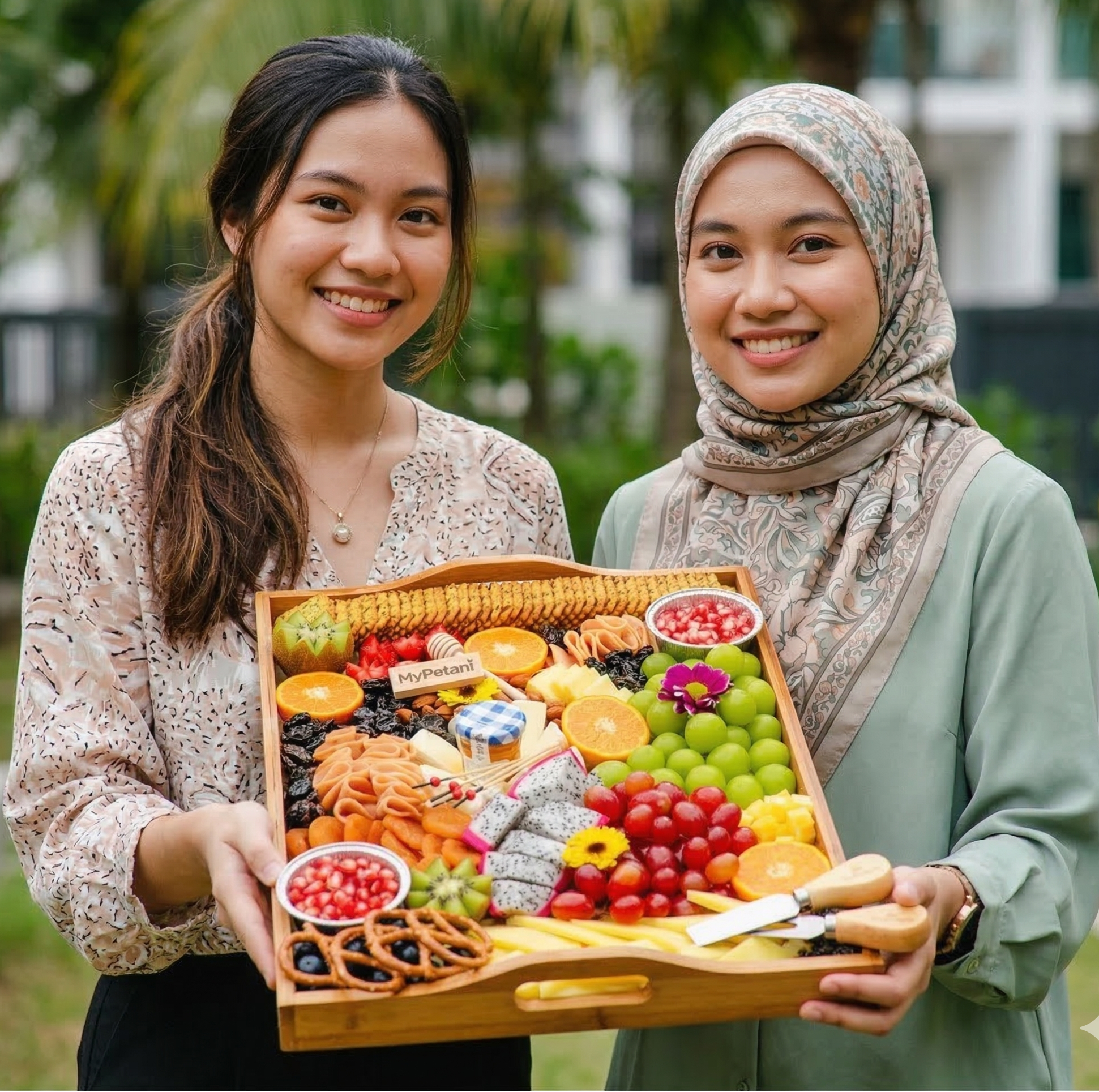 Two women holding a large platter of assorted fruits and snacks outdoors.