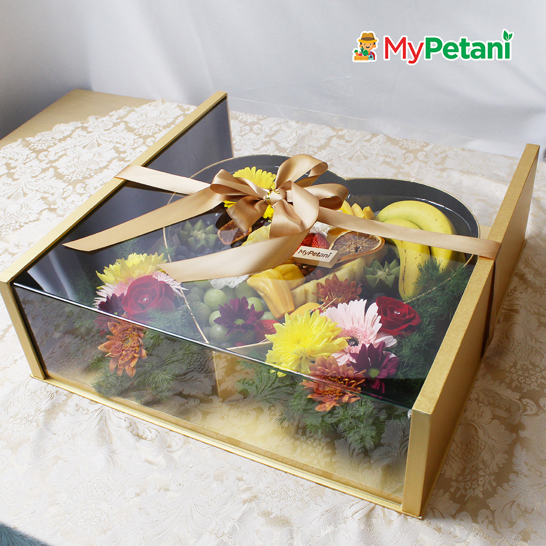 Majestic Gold Fruits & Flowers Gift Box - L 49cm x W 49cm (Special in Klang Valley & Seremban only)